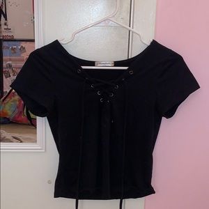 Cropped black cross tie front tshirt